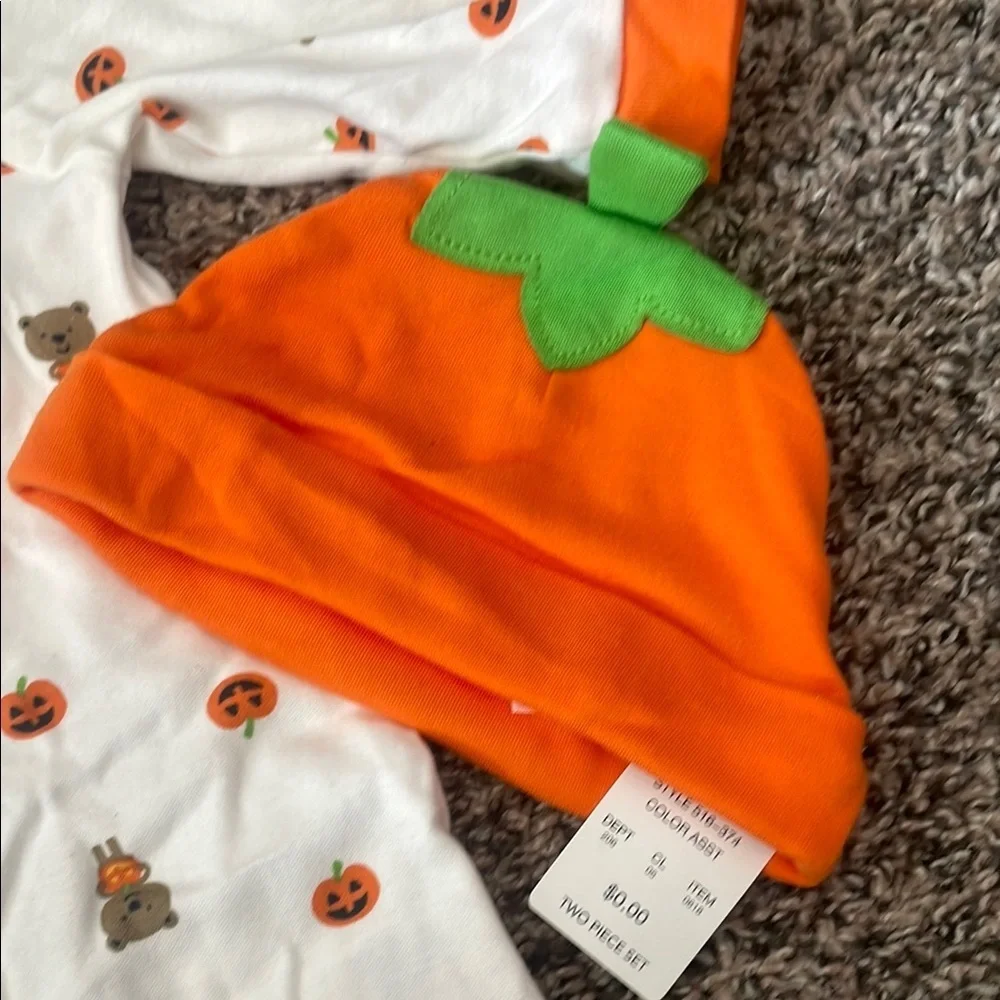 Carter's White and Orange Halloween Pumpkin Footie with matching Hat